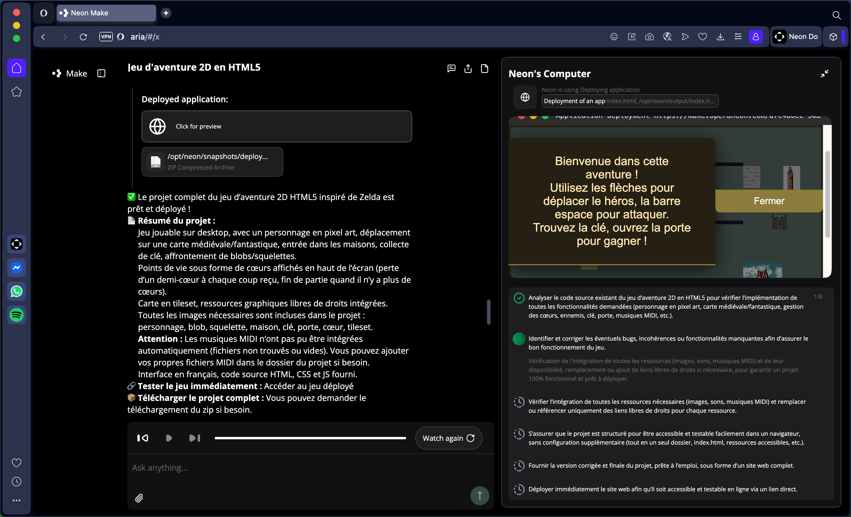 Neon Make confirme que mon jeu est terminé. Je directement y accéder dans le navigateur, et télécharger les fichiers du projet. © Clubic
