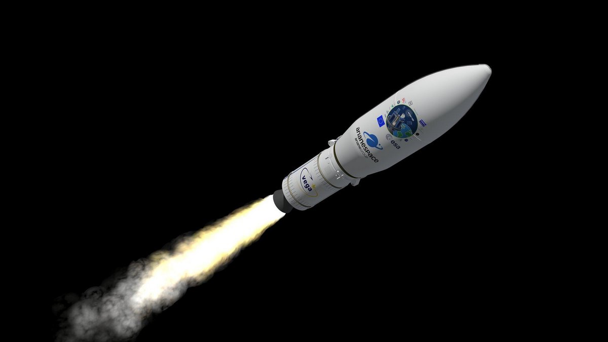 Vue d'artiste du 3è étage du vol Vega VV-16, avec 53 satellites sous sa coiffe. Crédits ESA