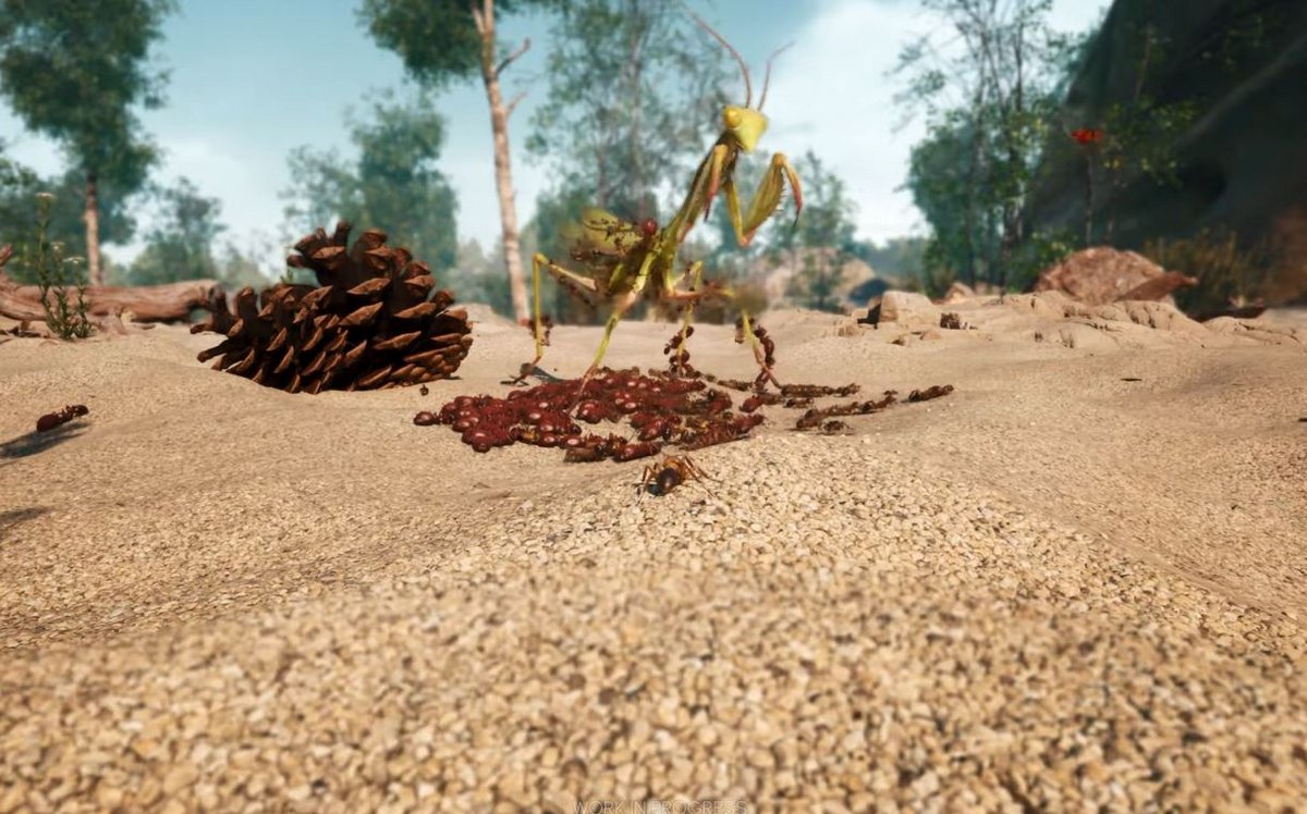 Les fourmis à l'attaque d'une mante religieuse. Certains y verront un petit côté Pikmin ultra réaliste © Microids