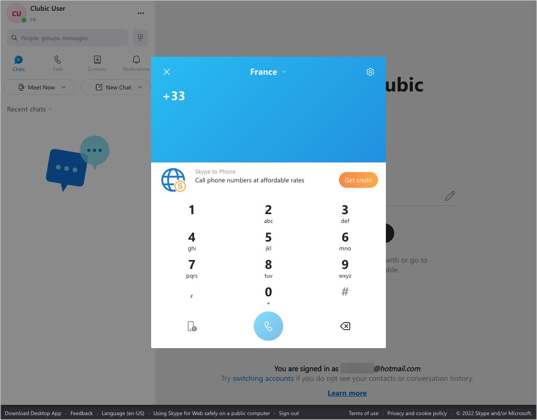 Microsoft 365 Online - Clavier de numérotation Skype