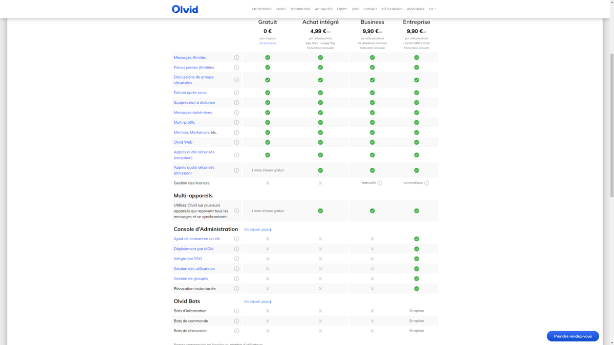 Grille des tarifs © Olvid