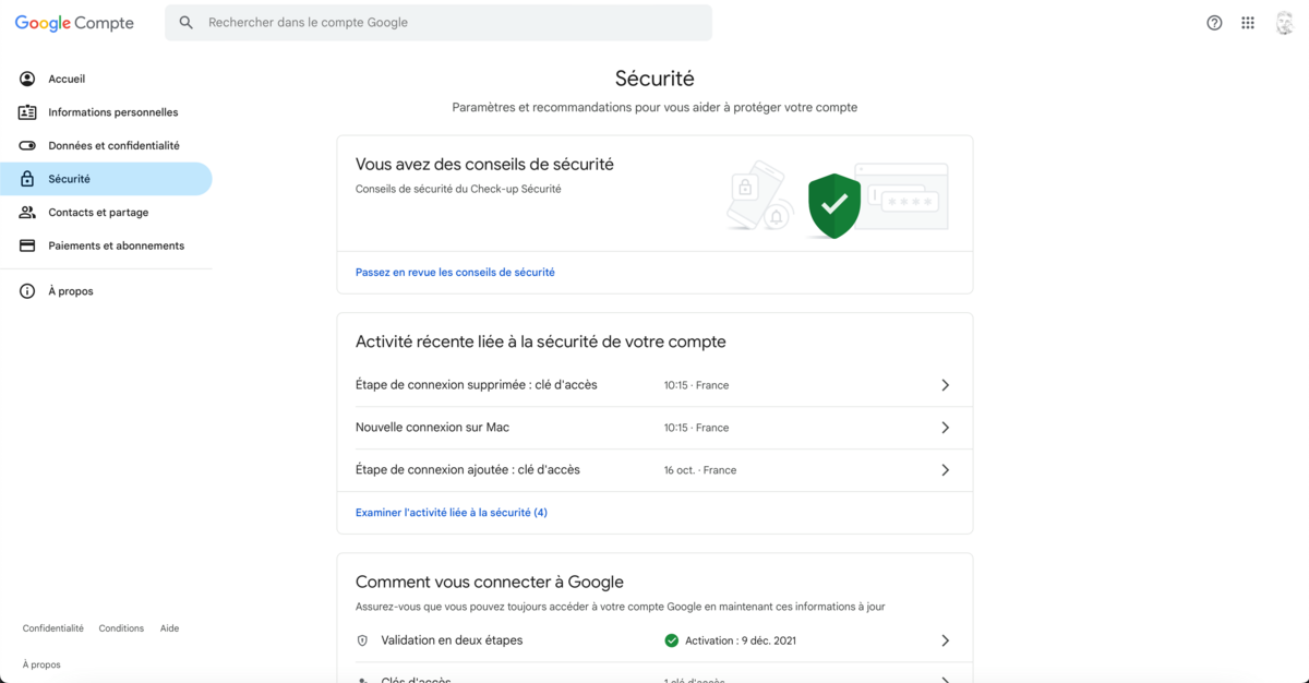 Google clé d'accès