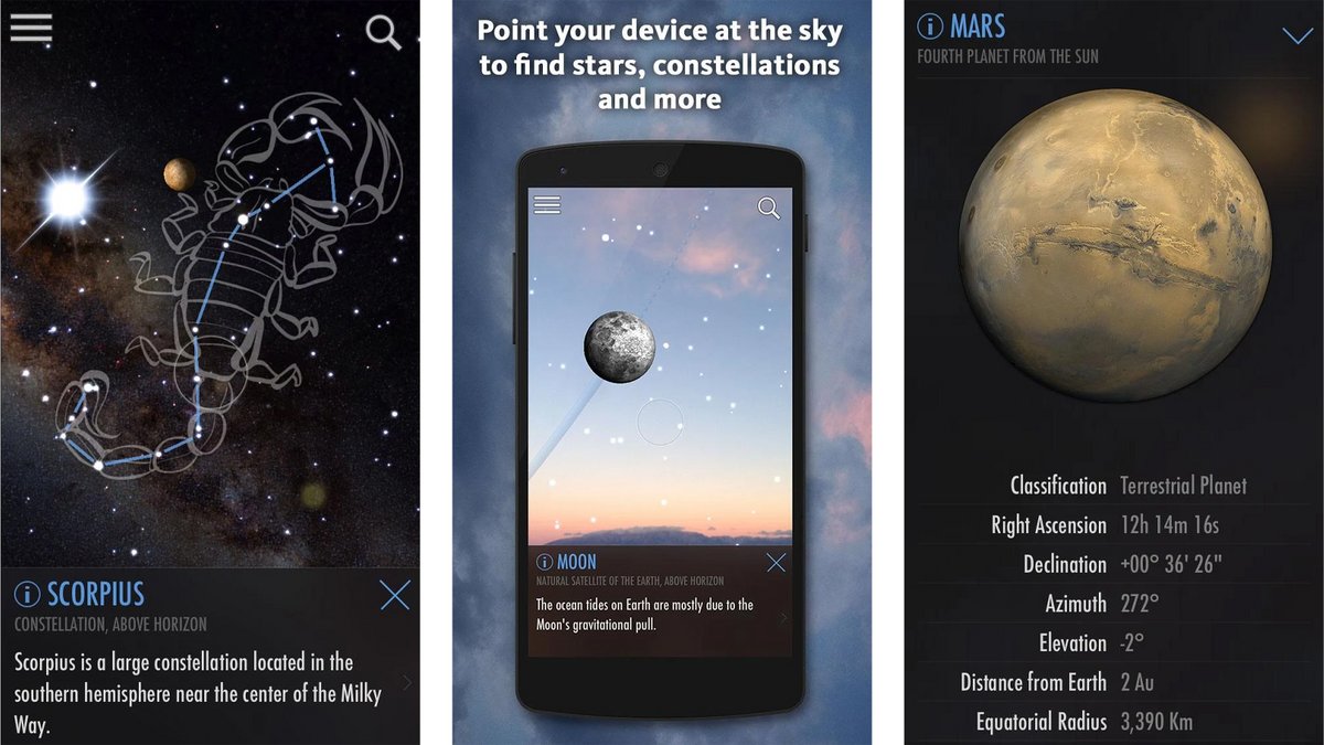 SkyView utilise la réalité augmentée pour afficher étoiles, constellations, planètes et satellites en pointant simplement votre téléphone vers le ciel, même hors ligne - © SkyView