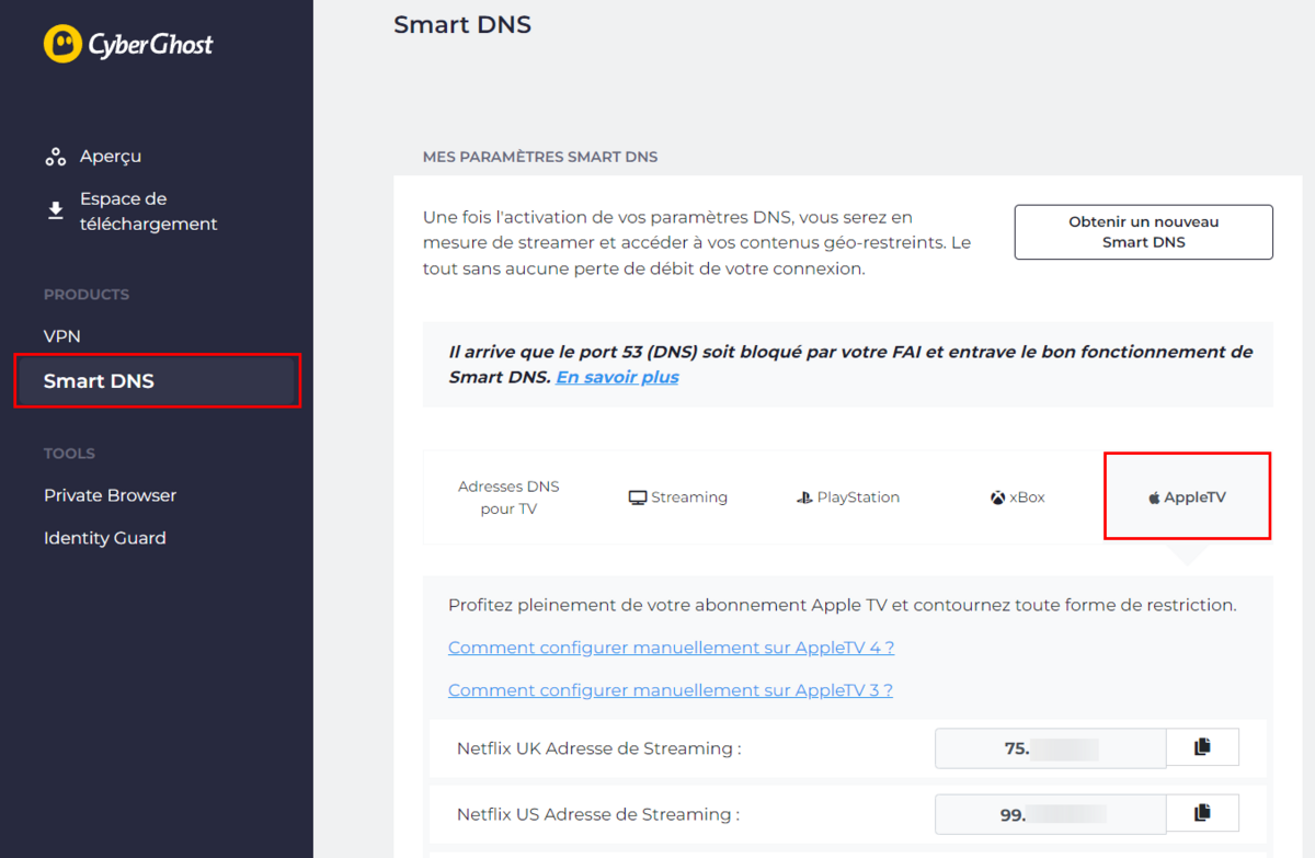 CyberGhost sur Apple TV - SmartDNS