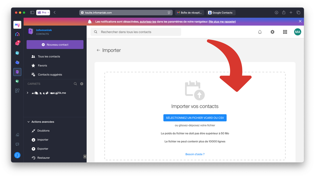 Sélectionner le fichier CSV avec les contacts exportés © Clubic