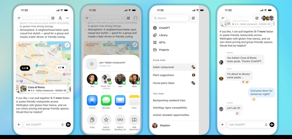 Voici quelques-unes des options associées aux discussions de groupe, comme l'invitation d'autres personnes, la recherche des groupes sur la barre latérale ou encore le lancement d'une nouvelle conversation groupée. © OpenAI