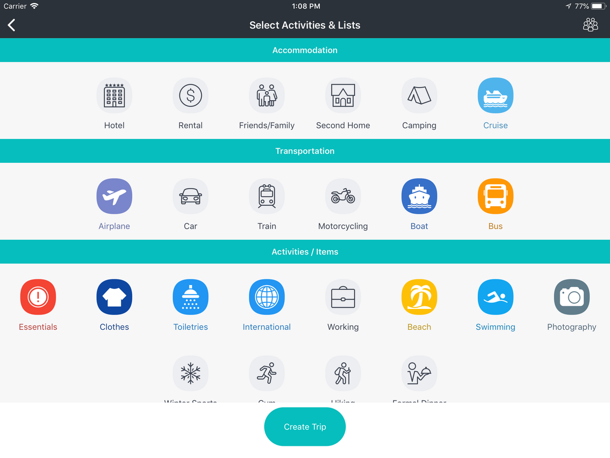 Écran de sélection des activités et moyens de transport dans PackR : une interface simple pour adapter automatiquement sa liste selon le type de séjour. - © PackR