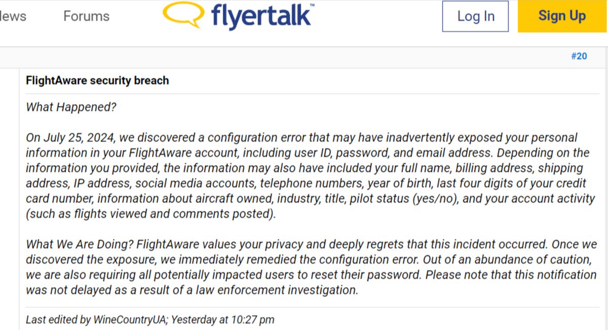 La notification de FlightAware, relayée par un forum spécialisé © Clubic