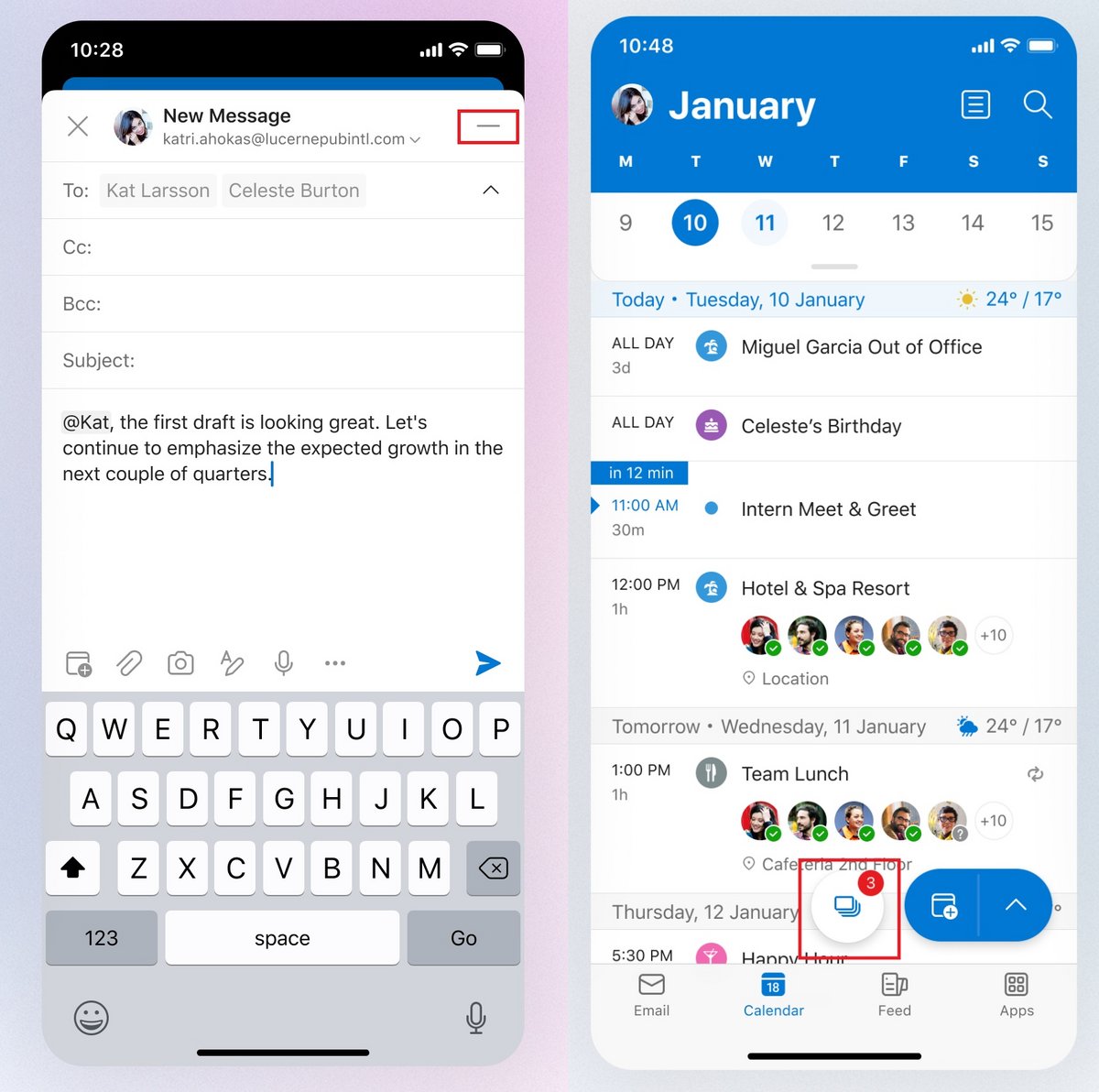 Besoin de vérifier votre agenda avant d'envoyer votre mail de confirmation ? L'option de réduction des brouilons dans Outlook mobile devrait grandement vous faciliter la tâche © Microsoft