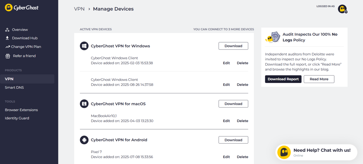 CyberGhost - La console de gestion web. © Clubic