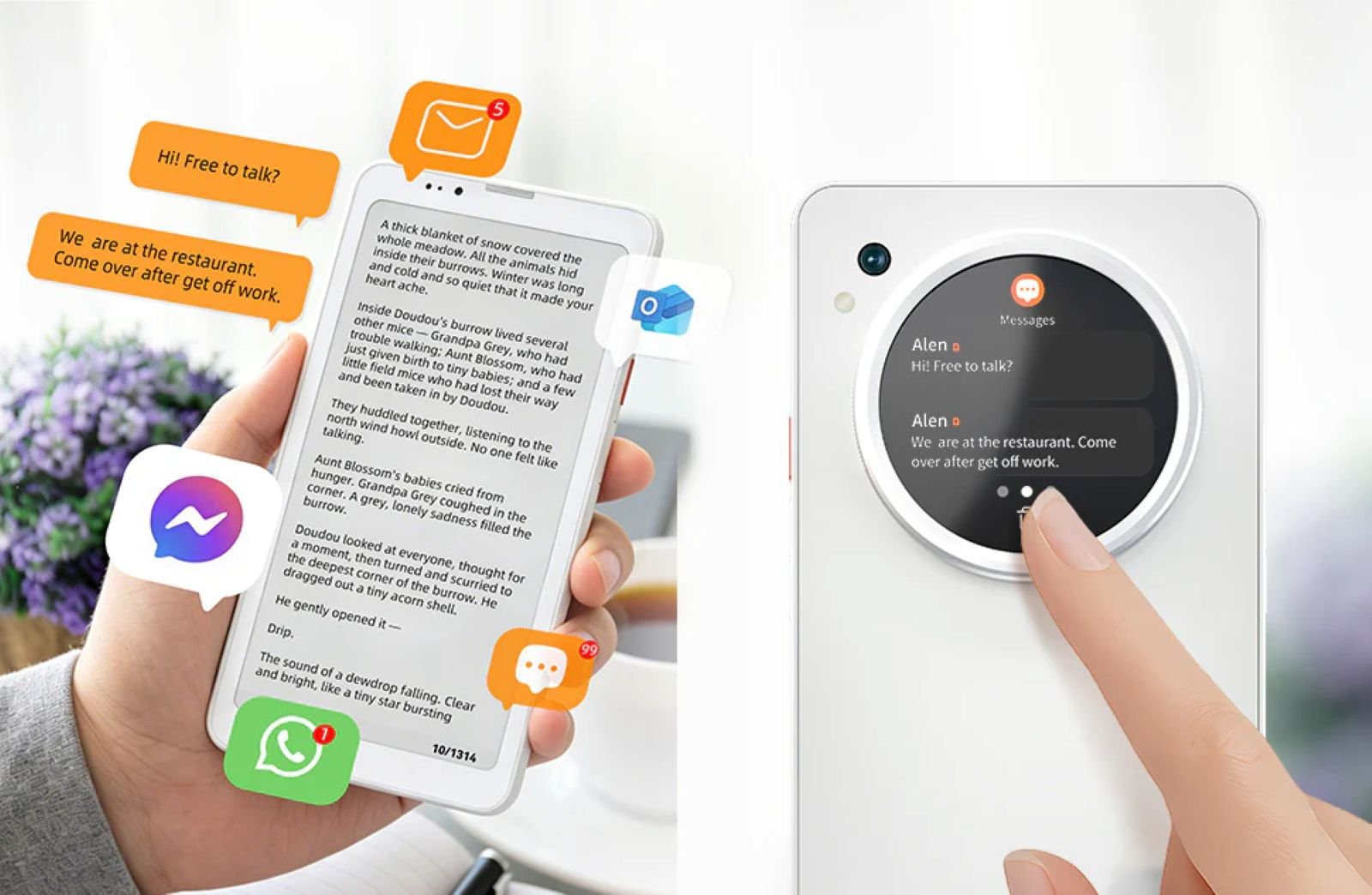 À la place de l'écran LCD secondaire une espèce de cadran de… 360 x 360 pixels, posé à l'arrière du téléphone comme un autocollant - ©Bigme