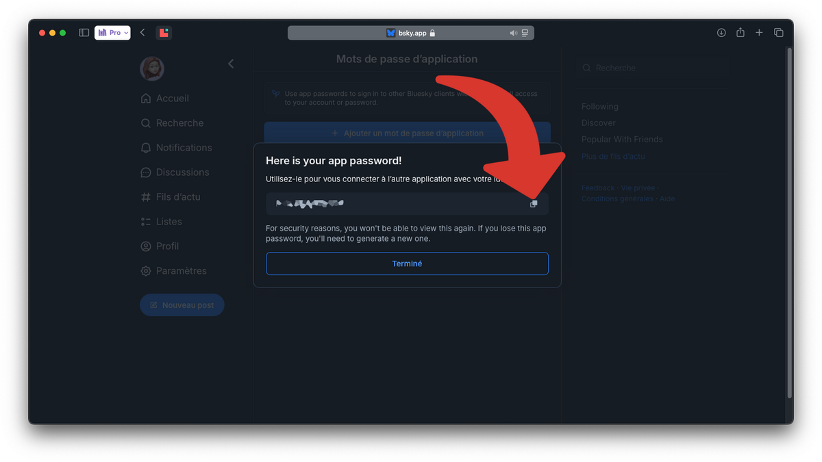 Copiez le mot de passe d'application © Clubic