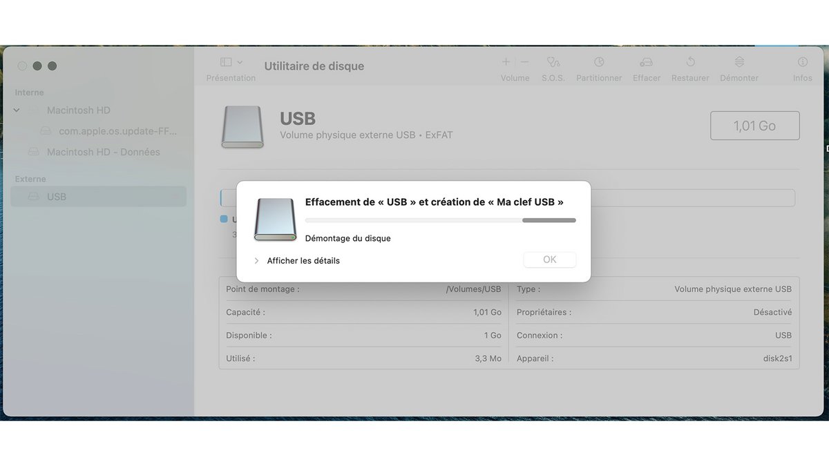 Temporisation pendant le formatage d’une clef USB sous macOS © Pascale Duc pour Clubic