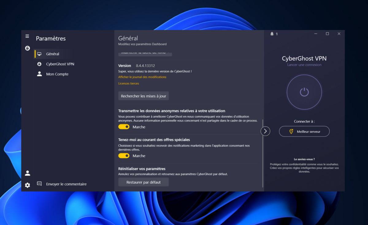 CyberGhost - gardez l'appli à jour et désactivez les options de télémétrie