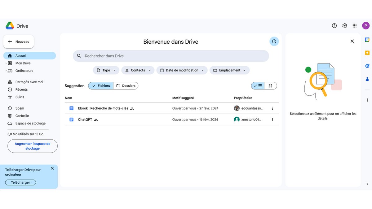 Tableau de bord Google Drive © Pascale Duc pour Clubic