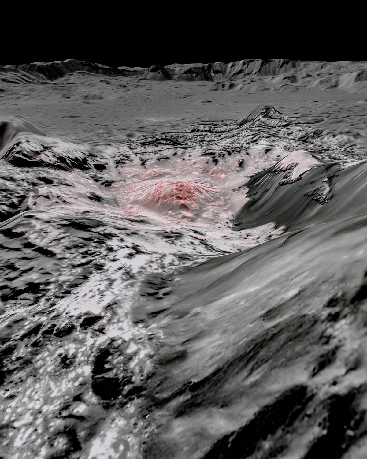 Image reconstituée du centre du cratère Occator, à partir de données spectroscopiques, altimétriques et images de la sonde Dawn. Crédits NASA/JPL-Caltech/UCLA/MPS/DLR/IDA