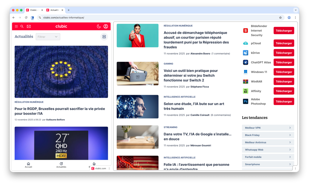 Google Chrome vue fractionnée split view