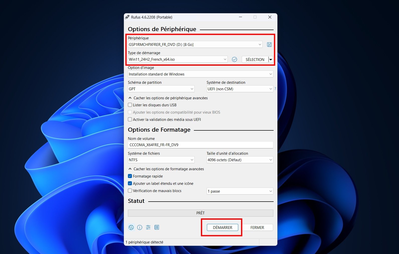 Sélectionnez votre clé bootable dans Rufus et chargez votre ISO de Windows 11. © Clubic