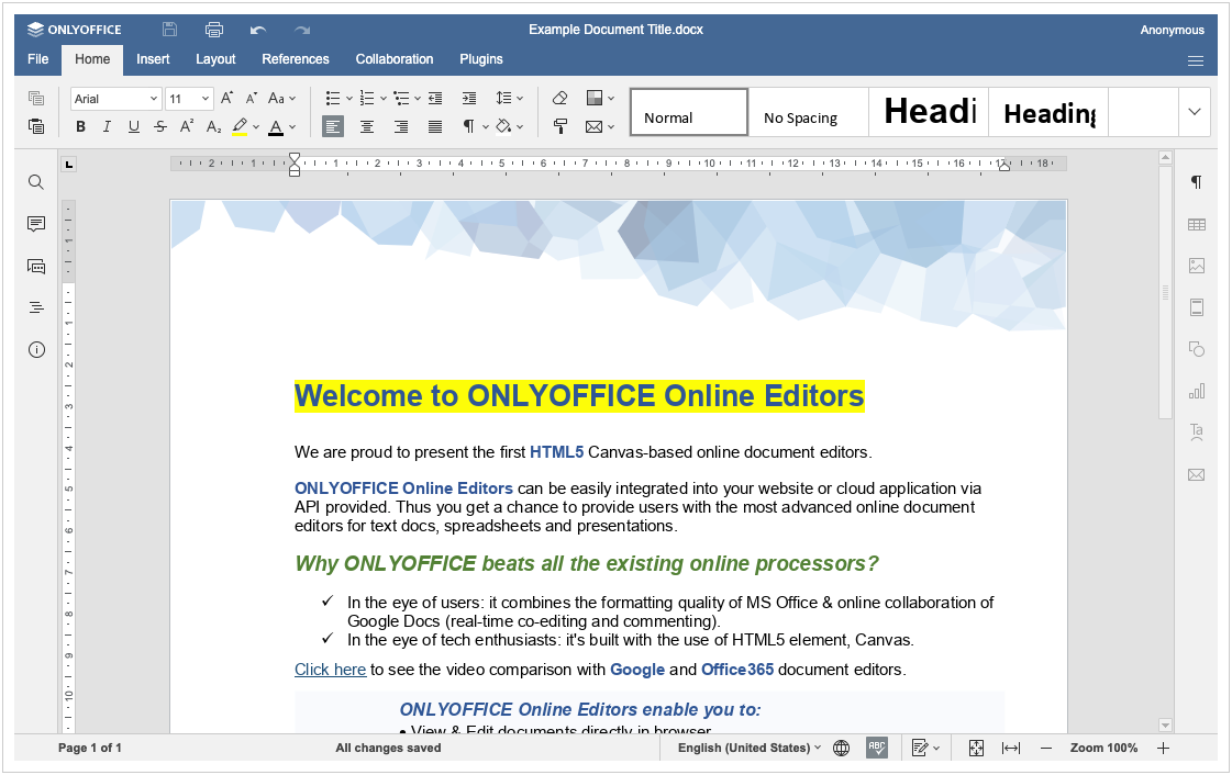 ONLYOFFICE - Document ouvert au sein de l'éditeur de texte