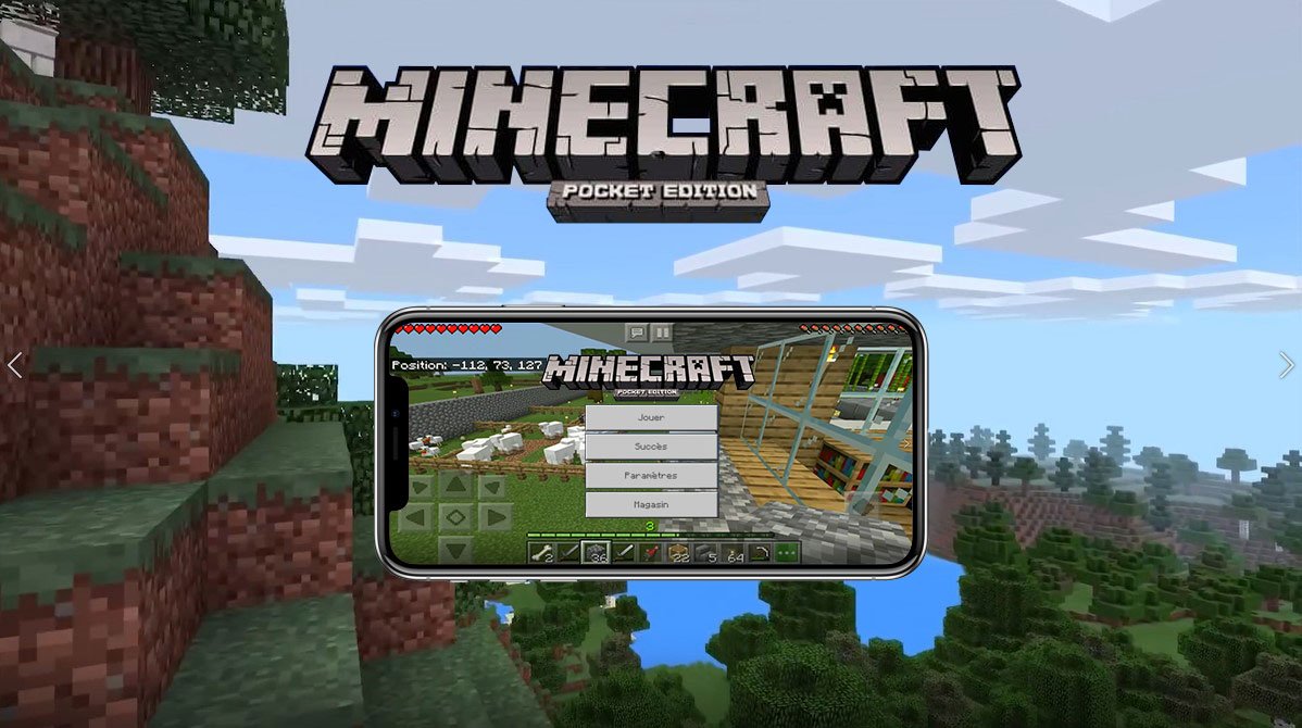 Ecran d'accueil du jeu Minecraft Pocket Edition : accès rapide à jouer, paramètres et boutique. - © Minecraft Pocket Edition