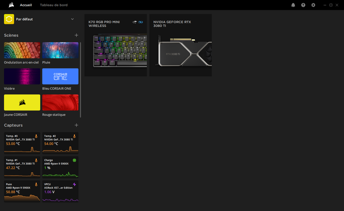 Corsair iCUE reconnaît les périphériques de la marque, mais aussi notre RTX 3080 Ti Founders Edition © Nerces