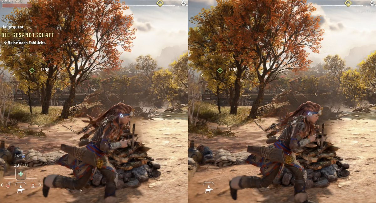 ComputerBase compare les deux « versions » de FSR 4 : à gauche sur RX9000 et, à droite, sur RX7000. Sur notre image, la compression JPG vient biaiser la comparaison alors n'hésitez pas à consulter le dossier de notre confrère. ©ComputerBase