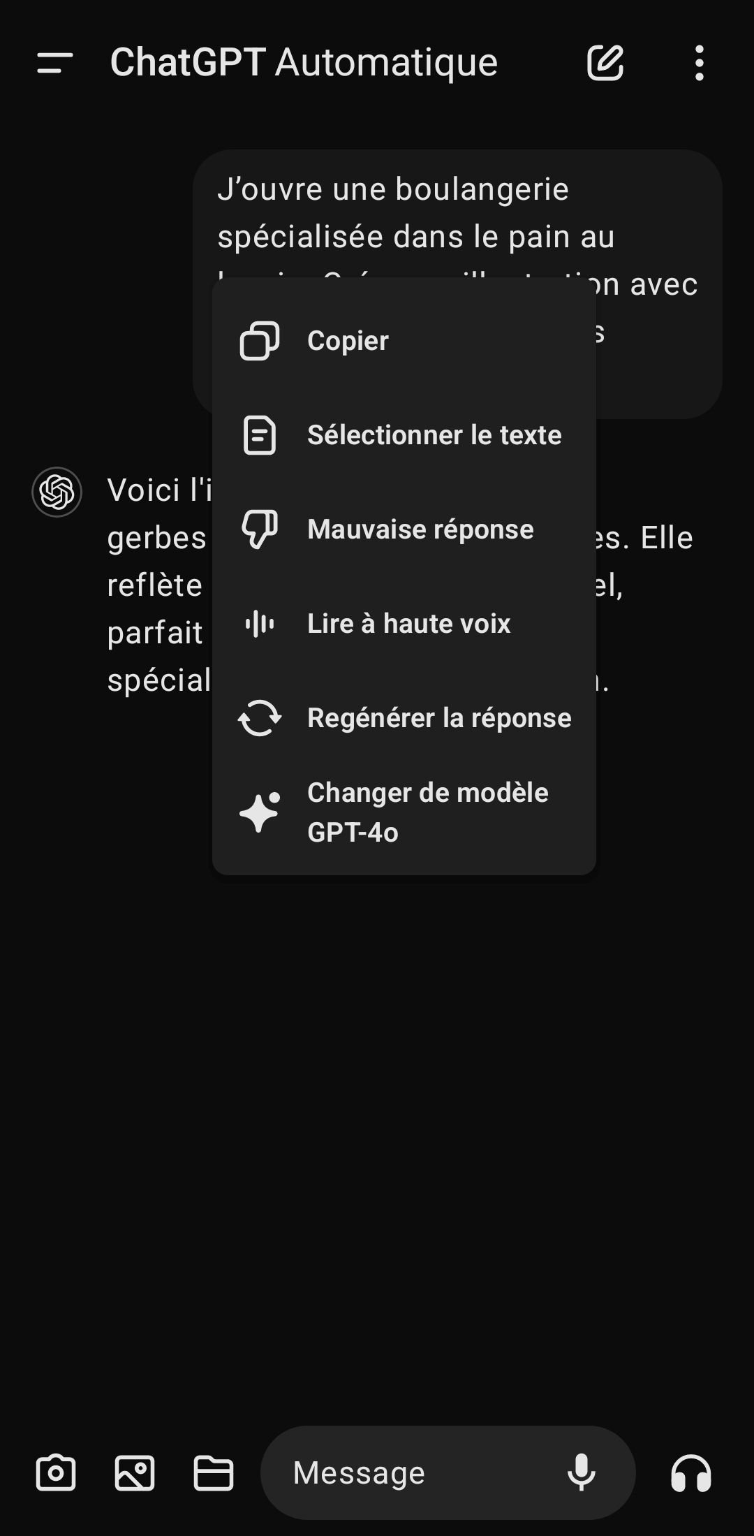 Les options pour changer de modèle sur ChatGPT pour Android sont affichées... - Capture d'écran © Chat GPT Android / Mélina Loupia pour Clubic