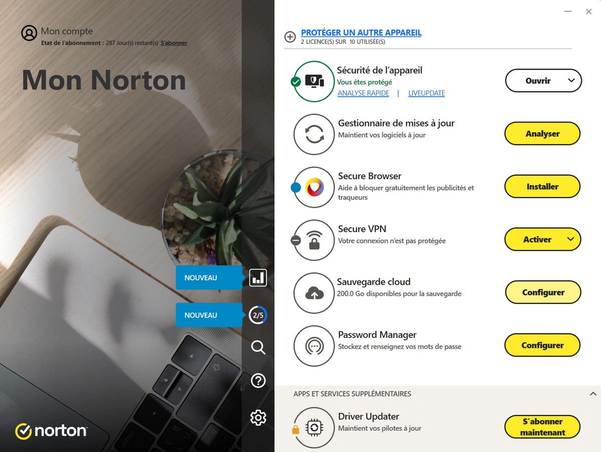 Interface d'accueil de Norton 360 Advanced