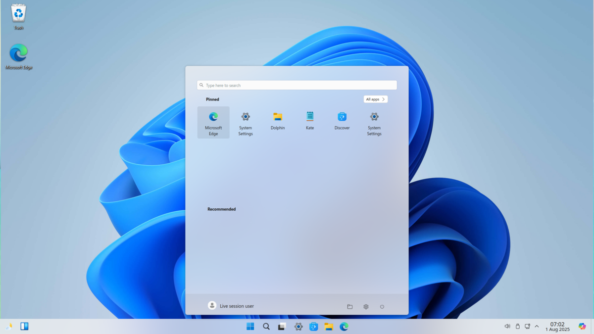 Winux reprend l’apparence de Windows 10 et 11 avec un menu Démarrer, une barre des tâches et des icônes familières, reposant sur KDE Plasma et le thème personnalisé « Redsand » - © Winux