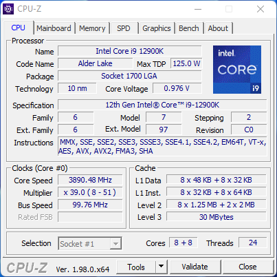 Alder Lake Core i9-12900K - CPU-Z