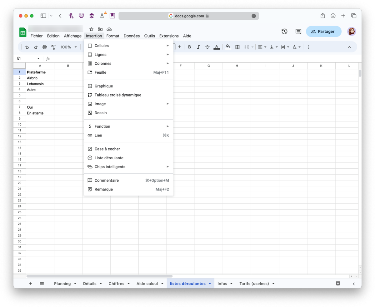 Google Sheets : insertion possible