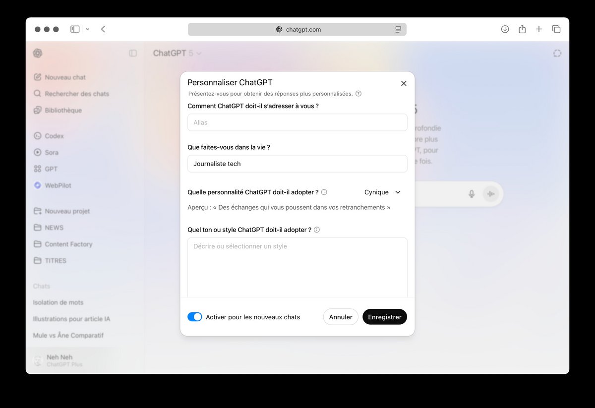 La fonctionnalité « Personnaliser ChatGPT » permet de définir des instructions sur mesure, comme le ton à adopter ou la prise en compte de la profession de l'utilisateur, pour des réponses plus pertinentes. © Naïm BADA pour Clubic