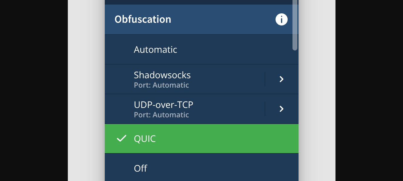 L'option QUIC dans Mullvad