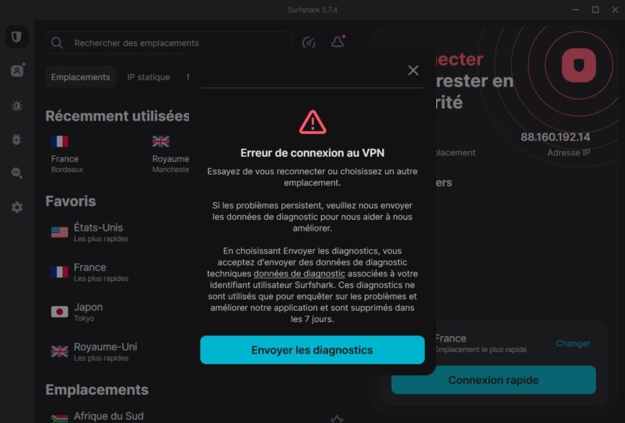 Surfshark VPN - Impossible de se connecter via OpenVPN pendant toute la durée du test
