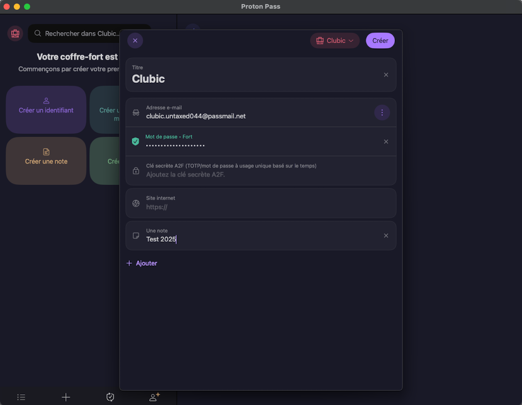Proton Pass - La création d'un nouvel identifiant sur desktop © Clubic