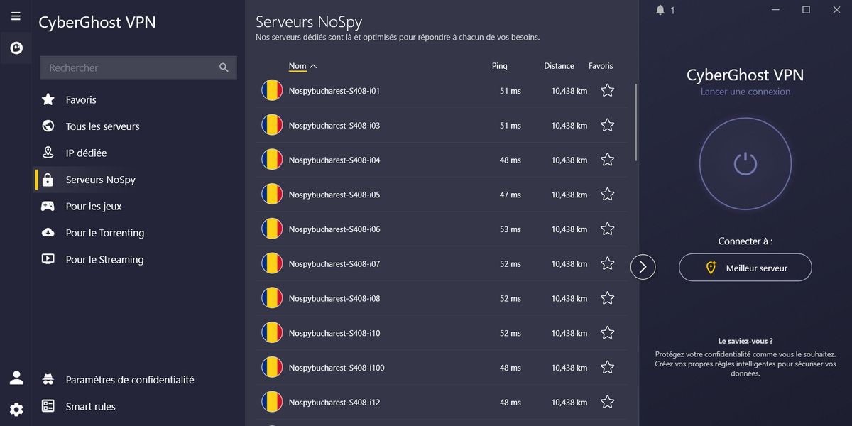 CyberGhost - La liste des serveurs NoSpy. © Clubic