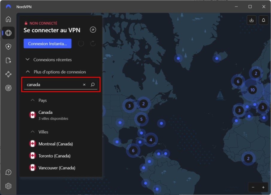 Utilisez le moteur de recherche intégré pour trouver rapidement un emplacement VPN