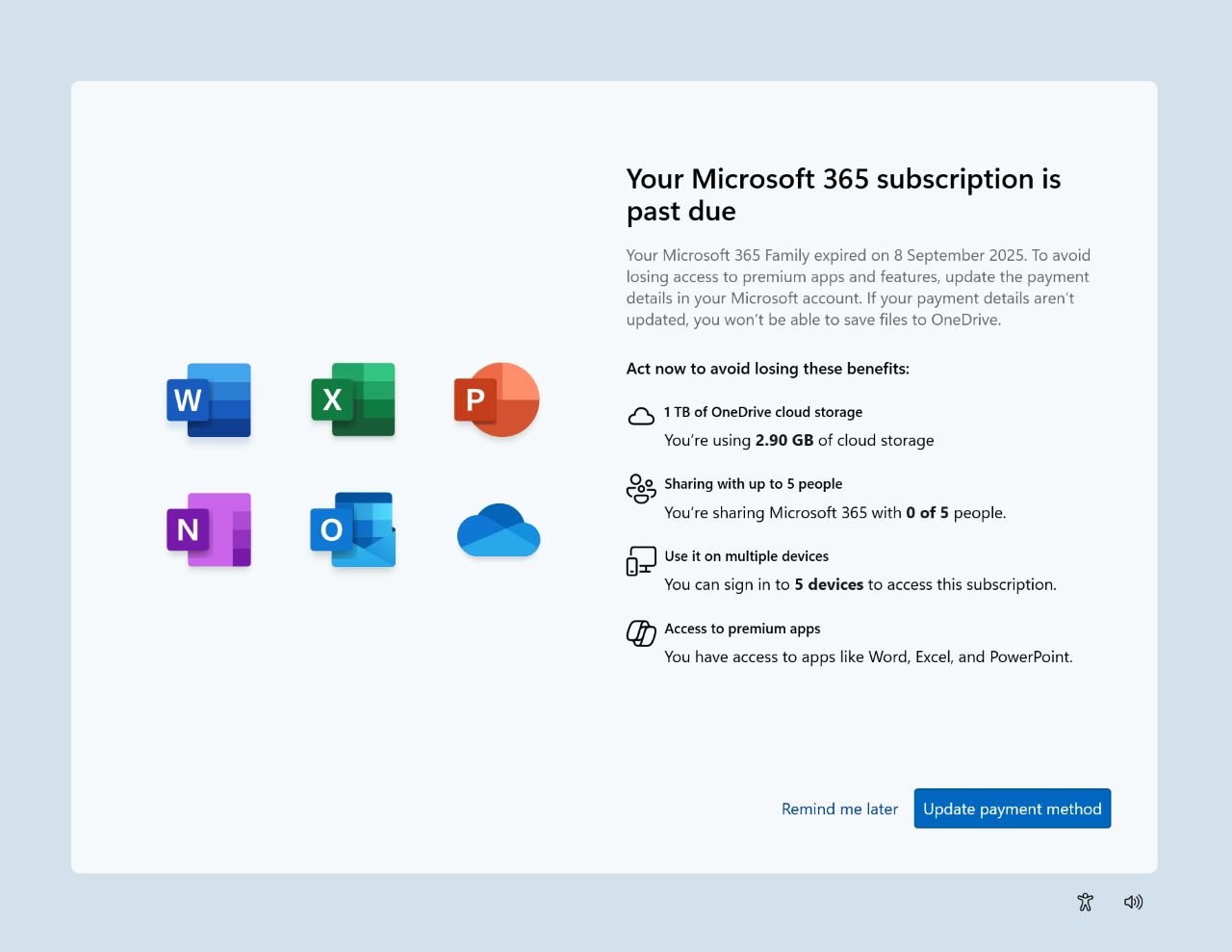 Écran SCOOBE pour vous avertir que votre abonnement Microsoft 365 est en retard avec un lien pour agir - ©Microsoft