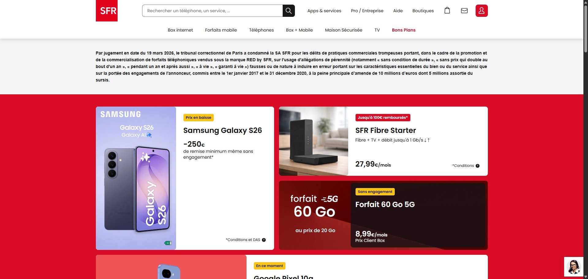 La page d'accueil du site de SFR, où apparaît le texte lié au jugement du 19 mars, comme ce dernier l'exige. © Alexandre Boero / Clubic