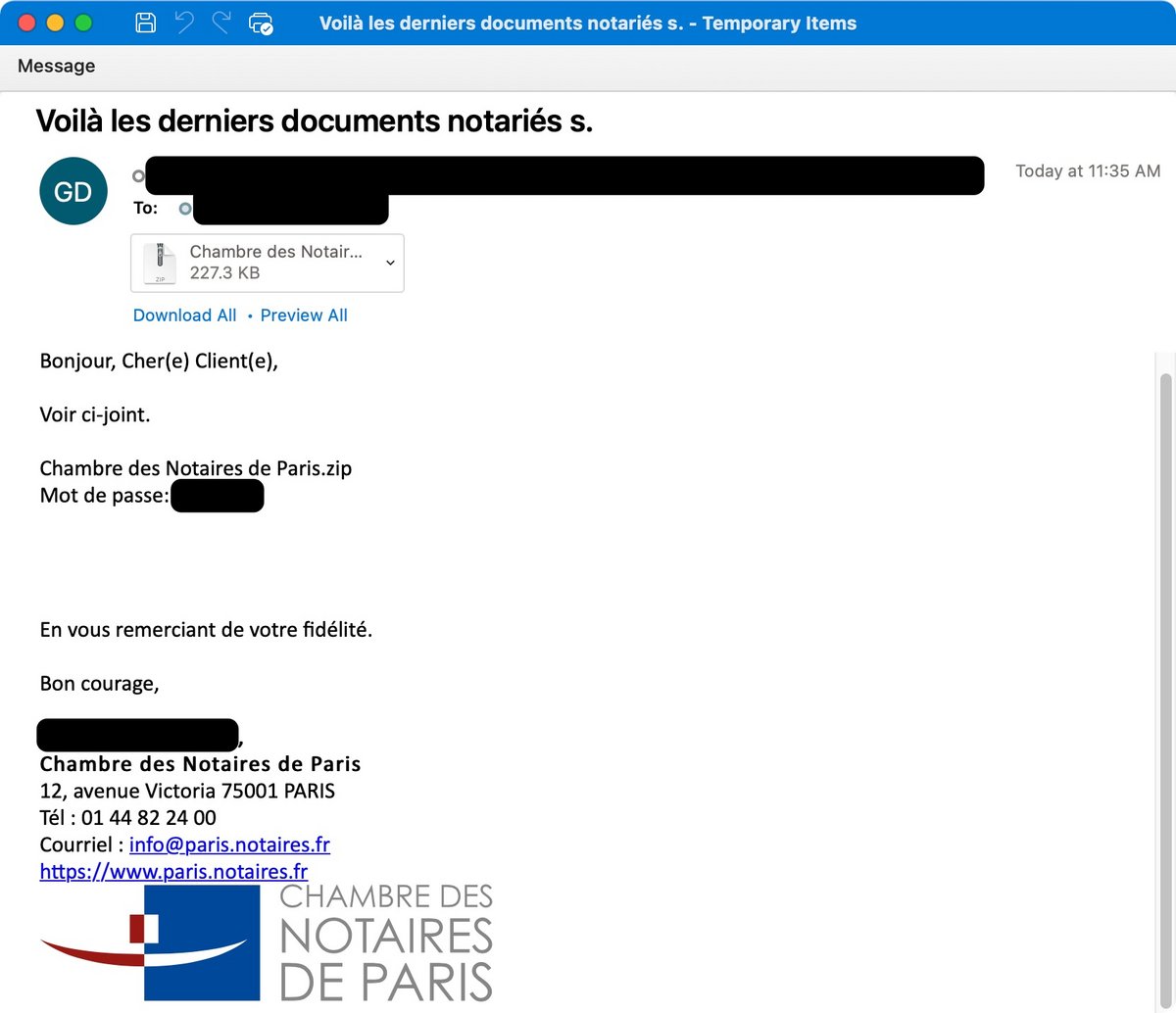 Un e-mail frauduleux tiré de la dernière campagne d'Emotet ciblant la Chambre des Notaires de Paris (© Proofpoint)