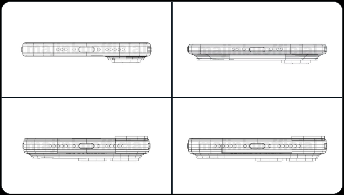 Fuite des rendus des iPhone 17 : en haut les iPhone 17 et 17 Air, en bas les 17 Pro avec le système symétrique. © Majin Bu sur X