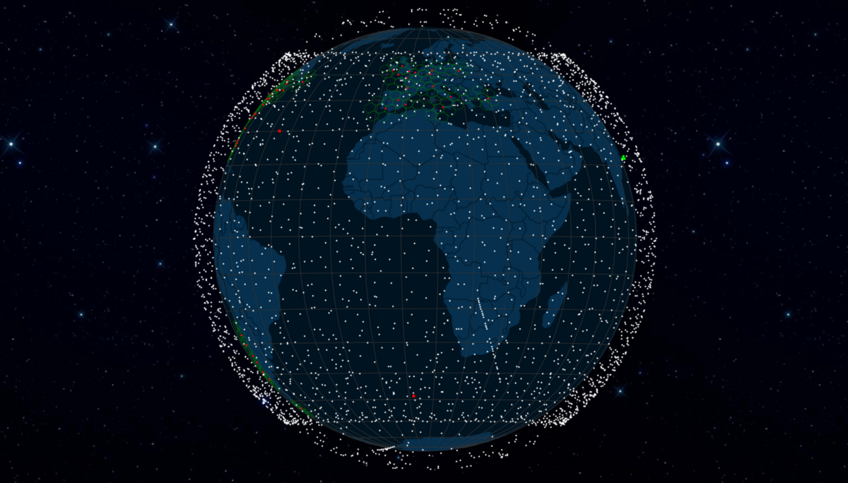 La constellation de satellites Starlink, vous pouvez les suivre en temps réel sur https://satellitemap.space/?constellation=starlink