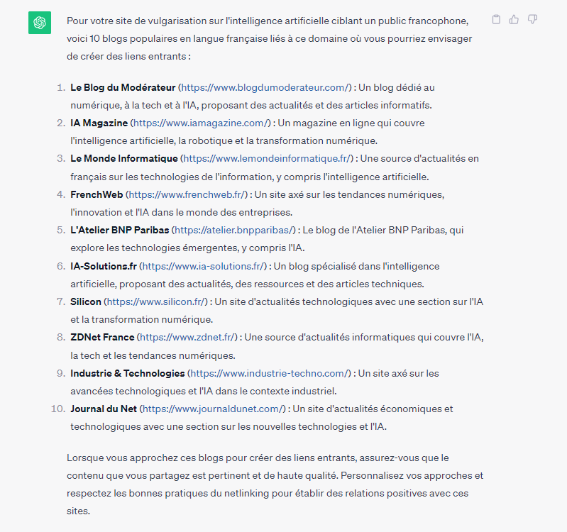 Création d'une liste de blogs populaires par ChatGPT © Clubic