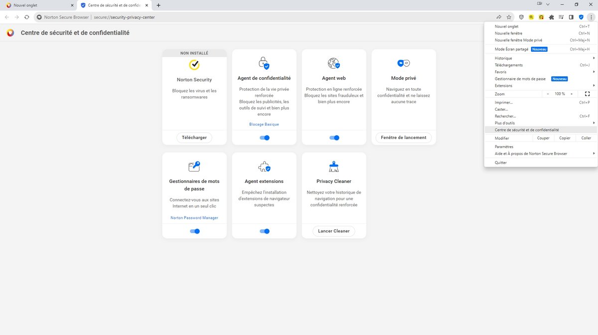 Le Centre de sécurité et confidentialité de Norton Secure Browser - ©Norton