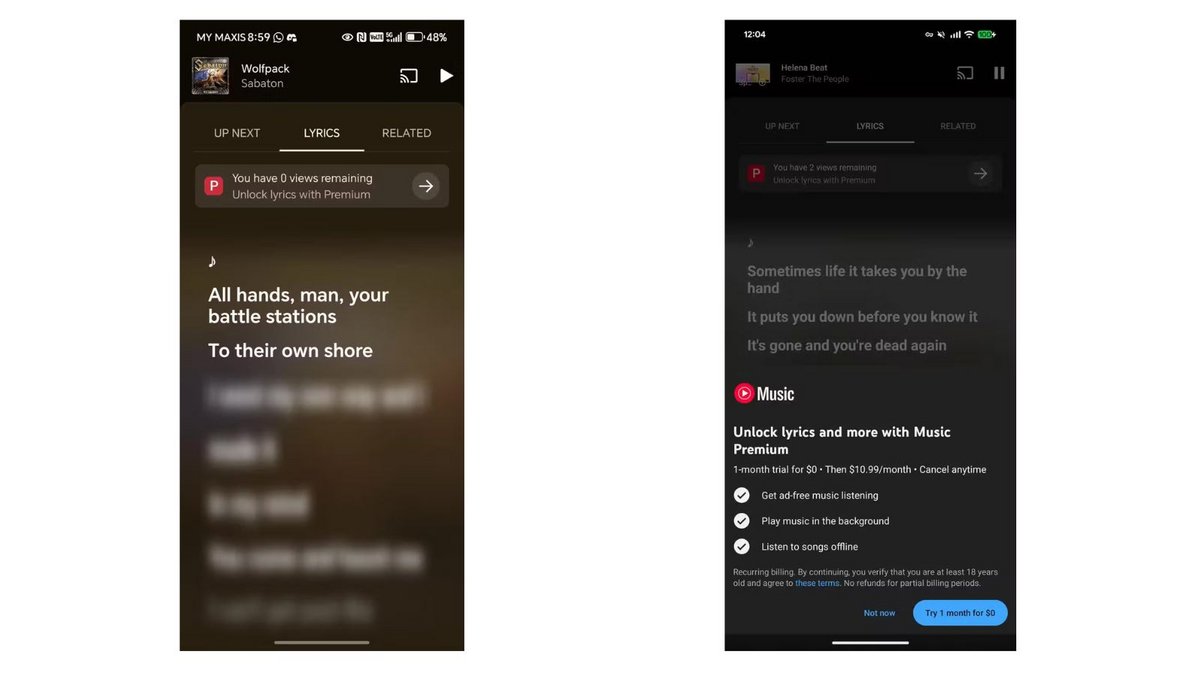 Les paroles floutées dans YouTube Music. ©Google/Youtube Music