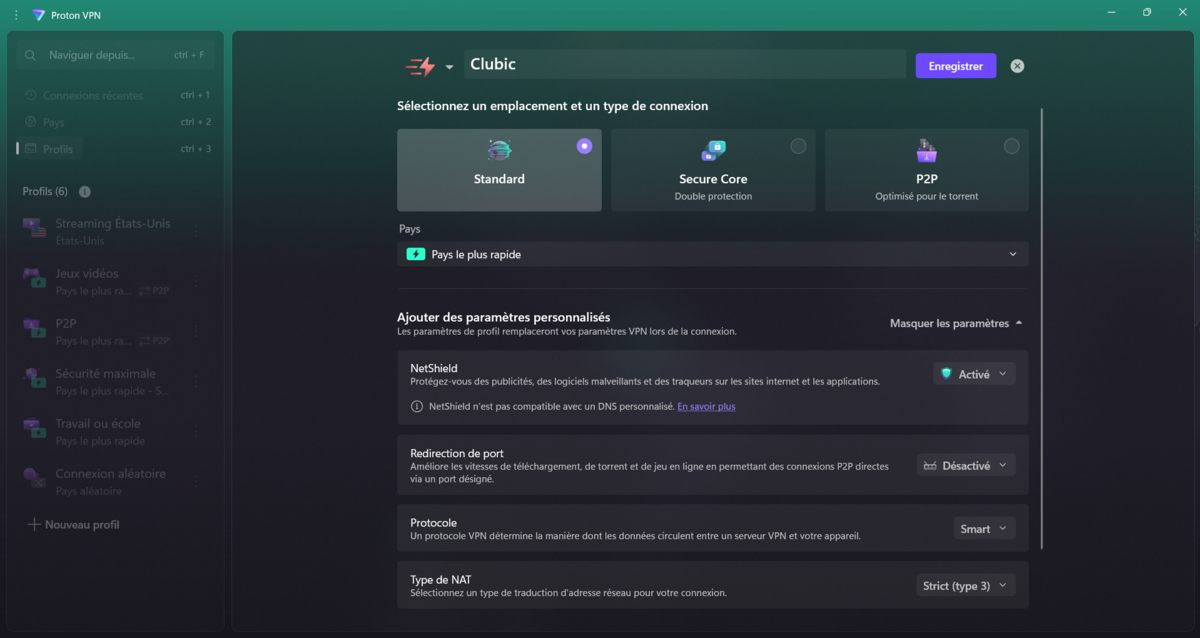Proton VPN - La création d'un profil de connexion. © Clubic