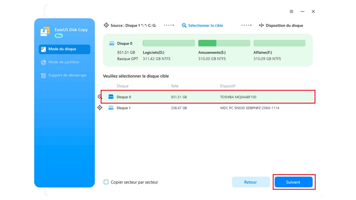 Ici, vous devez sélectionner le disque cible (Disque 0 ici) ©EaseUS