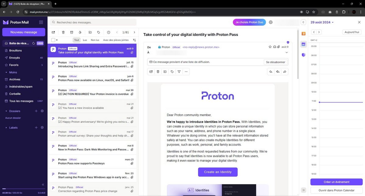 Proton Mail s'intègre parfaitement à l'écosystème Proton et offre un accès facilité à Proton Calendar © Clubic