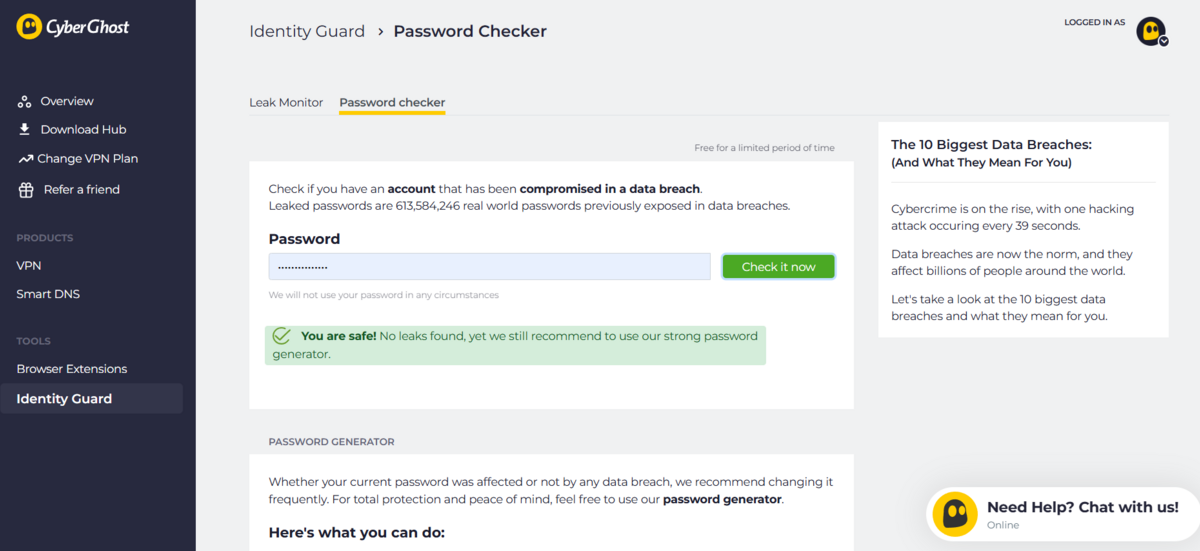 CyberGhost - Identity Guard garde un œil sur la sécurité des identifiants et mots de passe. © Clubic