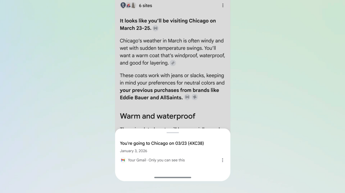 L'outil effectue une recherche à partir de Gmail et Photos pour fournir des réponses à vos requêtes. © Google